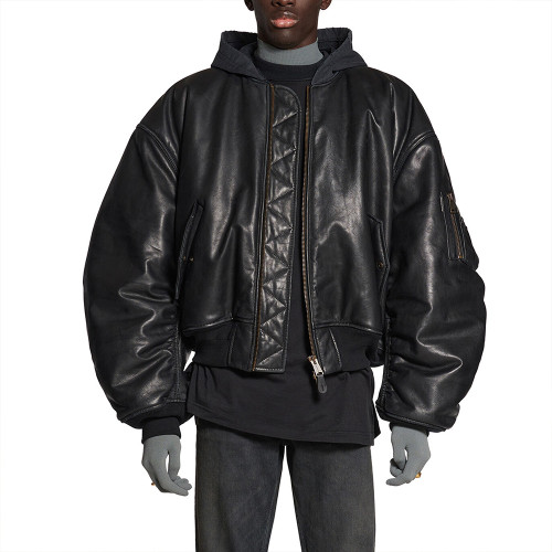 NIGO Balenciaga Men's Winter Black Zipper Long Sleeve Hooded Pilot Loose Leather Jacket Ngvp #nigo6986