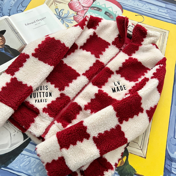 NIGO Louis Vuitton Men's Winter Red and White Plaid Lamb's Wool Zipper Jacket #nigo96984