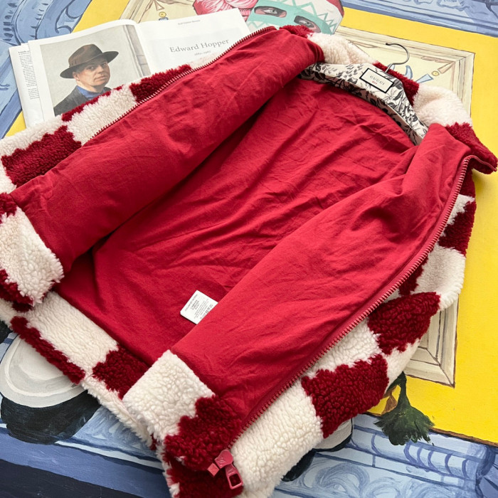 NIGO Louis Vuitton Men's Winter Red and White Plaid Lamb's Wool Zipper Jacket #nigo96984