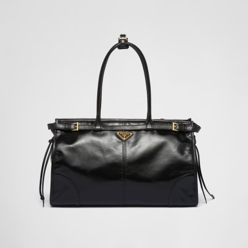NIGO Prada Women's Black Oil Waxed Leather Leather Tote Crossbody Bag Bags #nigo96983