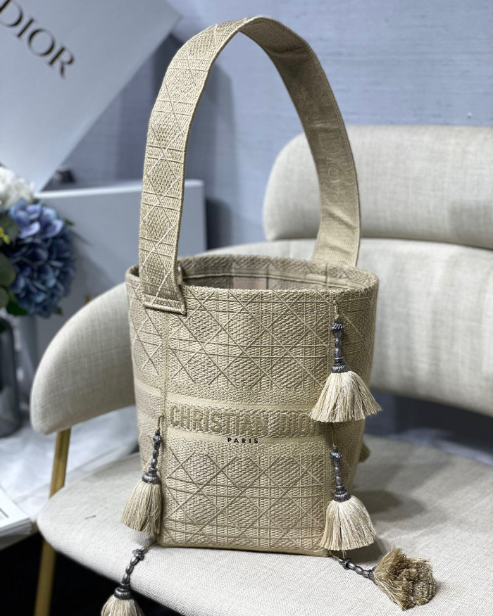 NIGO Dior Women's Beige D-BUBBLE Rattan Checkered Embroidery Straw Effect Canvas Bucket Bag Shoulder Bag Tote #nigo97188