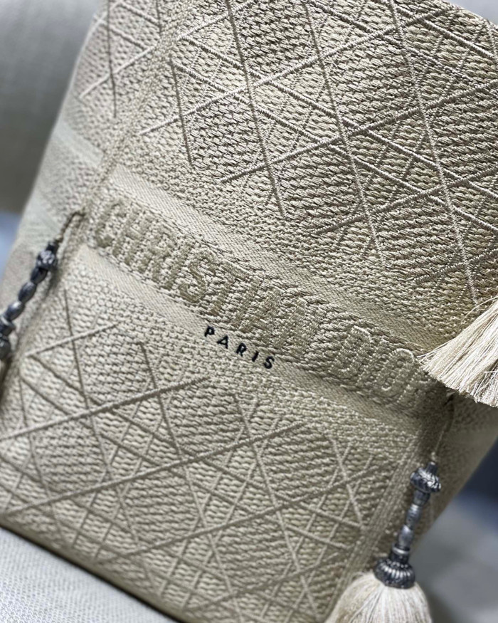NIGO Dior Women's Beige D-BUBBLE Rattan Checkered Embroidery Straw Effect Canvas Bucket Bag Shoulder Bag Tote #nigo97188