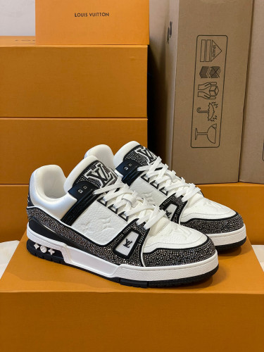 NIGO Louis Vuitton Men's and Women's LV Trainer Sneaker Black and White Cowhide Crystal Low Top Board Shoes #nigo97249