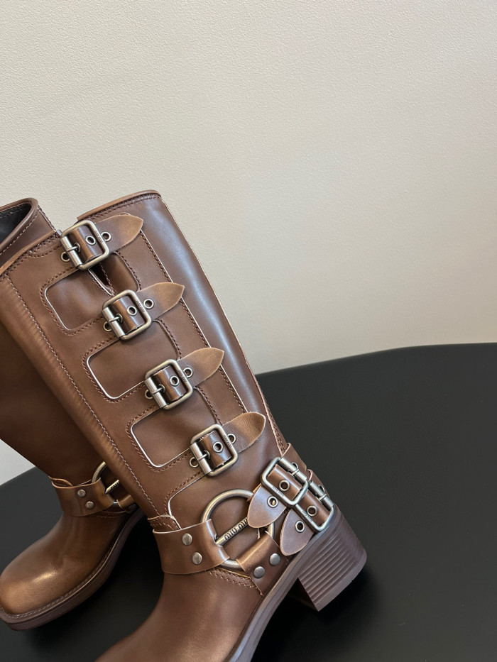 NIGO MiuMiu Women's Fall And Winter Two-Tone Cowhide/Suede Four-Buckle Model Tall Boots Shoes #nigo97263