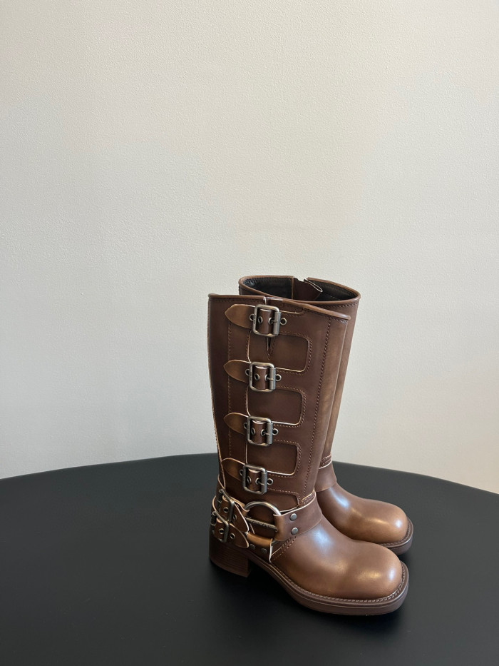 NIGO MiuMiu Women's Fall And Winter Two-Tone Cowhide/Suede Four-Buckle Model Tall Boots Shoes #nigo97263