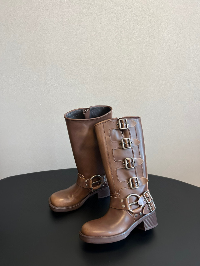 NIGO MiuMiu Women's Fall And Winter Two-Tone Cowhide/Suede Four-Buckle Model Tall Boots Shoes #nigo97263