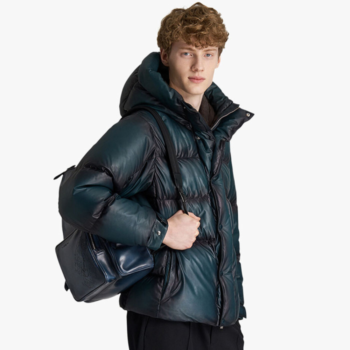 NIGO Berluti Men's Winter Solid Color Single Breasted Long Sleeve Hooded Leather Puffer Down Jacket Ngvp #nigo7215