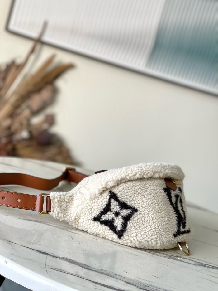 NIGO Louis Vuitton Women's Beige Monogrammed Logo Adjustable Shoulder Strap Wool Leather Waist Bag #nigo97338