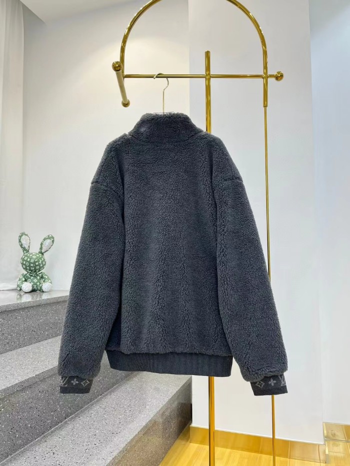 NIGO Louis Vuitton Men's Winter Dark Grey Lambswool Zip Hooded Jacket Fleece Blouson #nigo97411