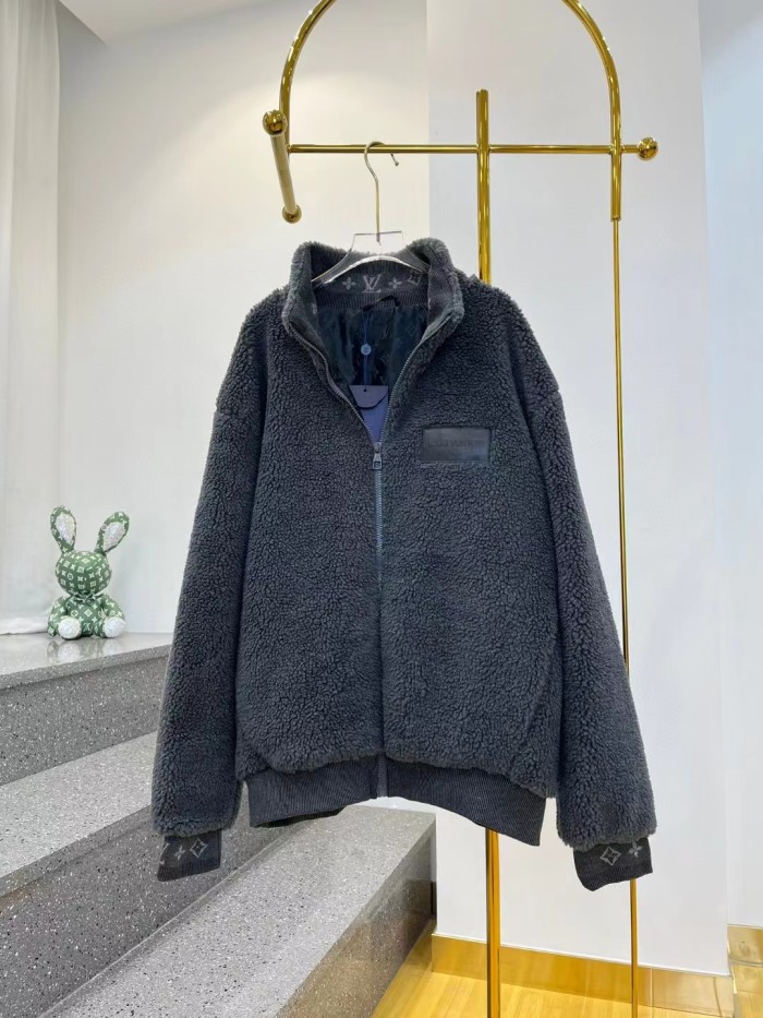 NIGO Louis Vuitton Men's Winter Dark Grey Lambswool Zip Hooded Jacket Fleece Blouson #nigo97411