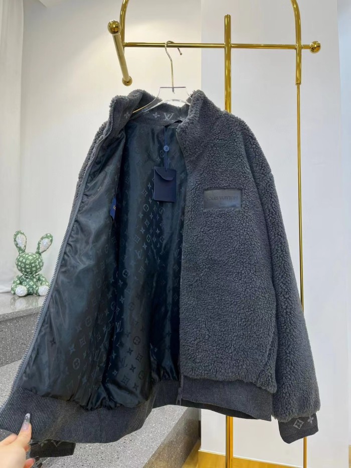 NIGO Louis Vuitton Men's Winter Dark Grey Lambswool Zip Hooded Jacket Fleece Blouson #nigo97411