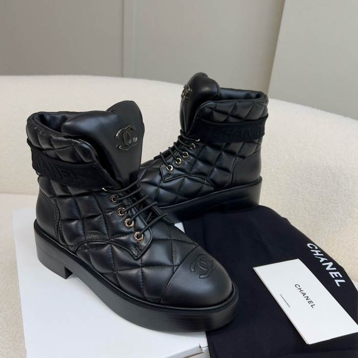 NIGO Chanel Women's Winter Black Leather High Top Lace Up Boots Shoes #nigo97475