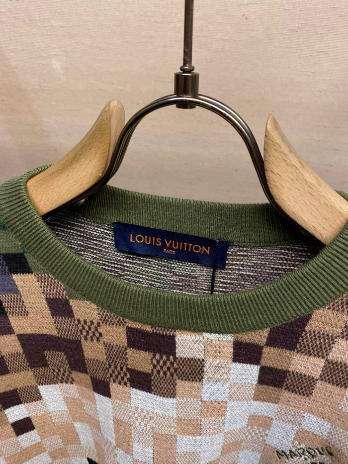 NIGO Louis Vuitton Co-ed Autumn/Winter Camouflage Green Checkerboard Wool Knit Sweater #nigo97499