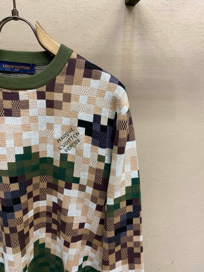 NIGO Louis Vuitton Co-ed Autumn/Winter Camouflage Green Checkerboard Wool Knit Sweater #nigo97499