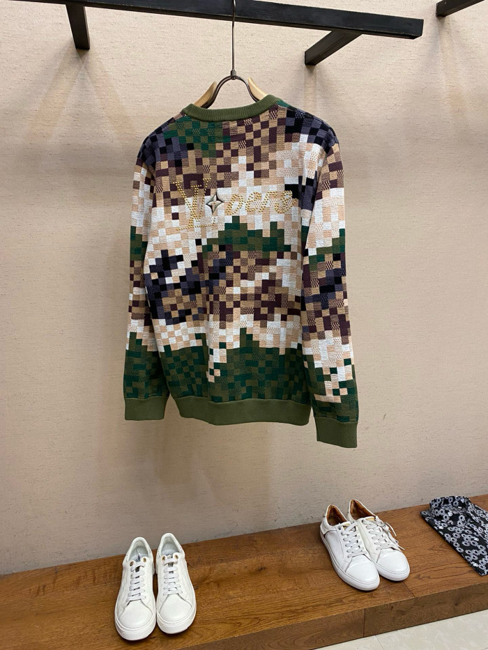 NIGO Louis Vuitton Co-ed Autumn/Winter Camouflage Green Checkerboard Wool Knit Sweater #nigo97499