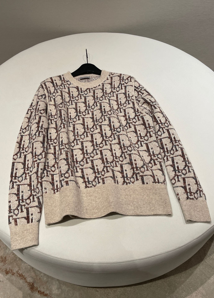 NIGO Dior Men's Beige Letter Knit Crew Neck Pullover Long Sleeve Sweater #nigo97589