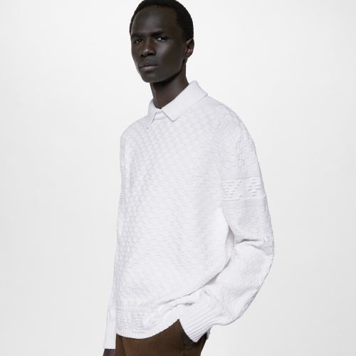 NIGO Louis Vuitton Men's Autumn/Winter White Lapel Knit Sweater LV Damier Wool Blend Pullover #nigo97613