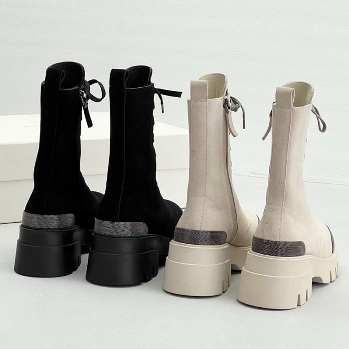 NIGO Brunello Cucinelli Women's Autumn And Winter Fashion Colorblocking Zipper Lace Casual Suede Mid Calf Boots Shoes Ngvp #nigo7394