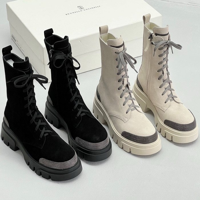 NIGO Brunello Cucinelli Women's Autumn And Winter Fashion Colorblocking Zipper Lace Casual Suede Mid Calf Boots Shoes Ngvp #nigo7394