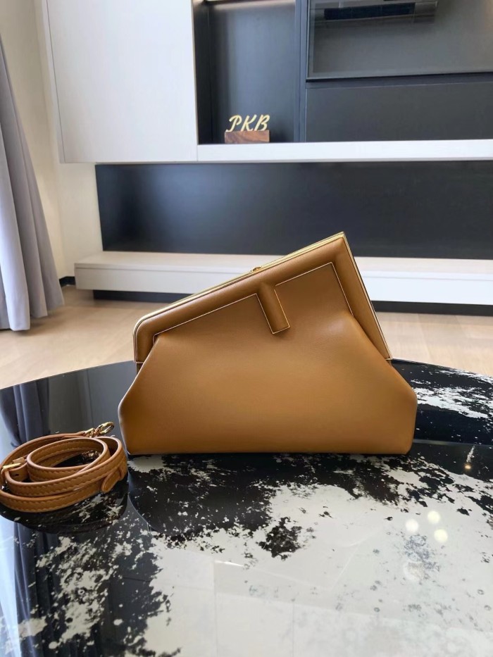 NIGO FENDI First Midi Brown Leather Bag Women's Tilt F Logo Clutch Bags #nigo97626