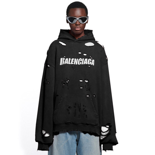 NIGO Balenciaga Men's Summer Black Letter Printed Torn Hooded Sweatshirt Pullover #nigo97624
