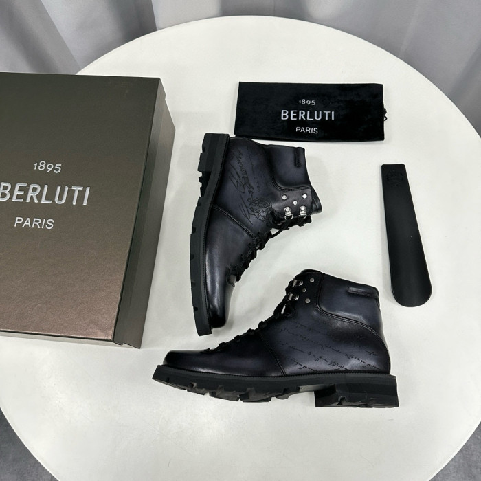 NIGO Berluti Men's Winter Tattoo Graphic Leather Biker Boots Shoes #nigo97653
