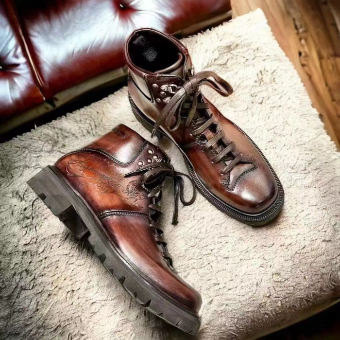NIGO Berluti Men's Winter Tattoo Graphic Leather Biker Boots Shoes #nigo97653