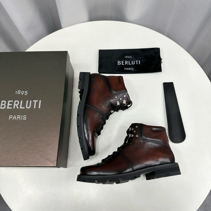 NIGO Berluti Men's Winter Tattoo Graphic Leather Biker Boots Shoes #nigo97653