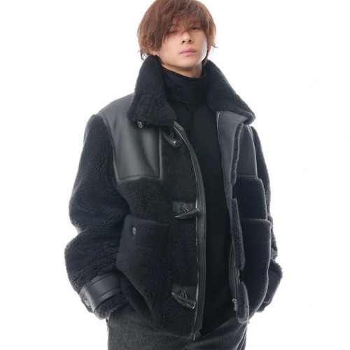 NIGO Hermes Men's Fall And Winter Splicing Casual Stand-up Collar Leather Jacket Zipper Button Coat Long Sleeve Jacket  Ngvp #nigo7412