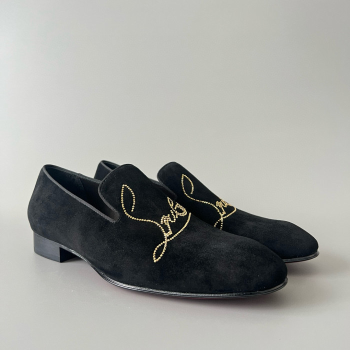 NIGO Christian Louboutin Men's Summer Black Casual Cowhide Rhinestone Logo Leather Shoes #nigo97654