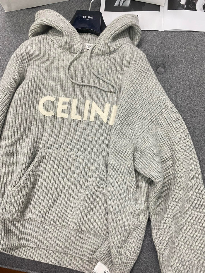 NIGO Celine Men's and Women's Autumn/Winter Grey Ribbed Wool Knit Hooded Sweatshirt Pullover #nigo97672