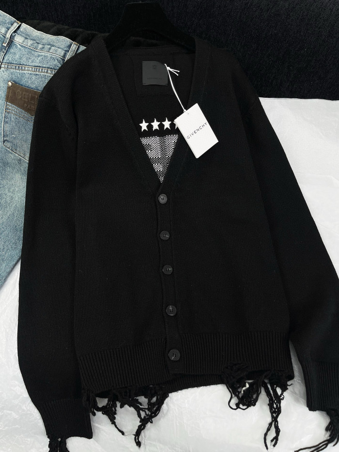 NIGO Givenchy Men's Spring Summer Black Cotton Knit V-Neck Long Sleeve Cardigan #nigo97713