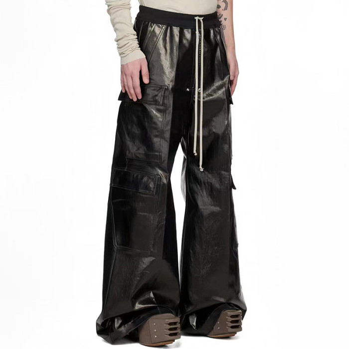 NIGO Rick Owens Men's Fashion Biker Retro Work Pants Zipper Drawstring Black Multi-pocket Loose Long Pants Ngvp #nigo7442