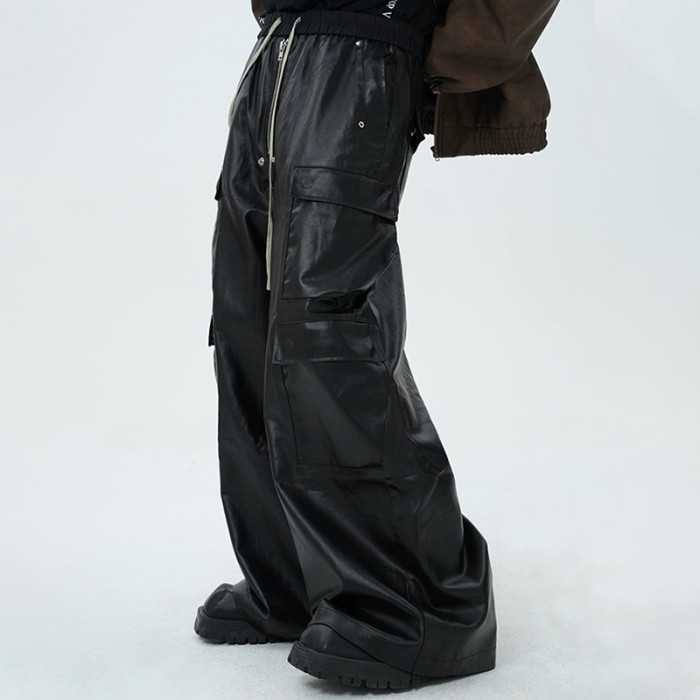 NIGO Rick Owens Men's Fashion Biker Retro Work Pants Zipper Drawstring Black Multi-pocket Loose Long Pants Ngvp #nigo7442