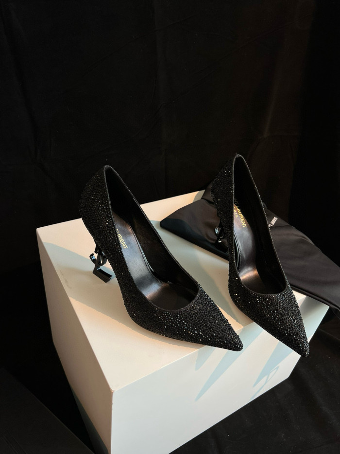 NIGO SAINT LAURENT Women's Summer Rhinestone Leather Letter Logo Shoes Heeled High Heels Shoes #nigo97747
