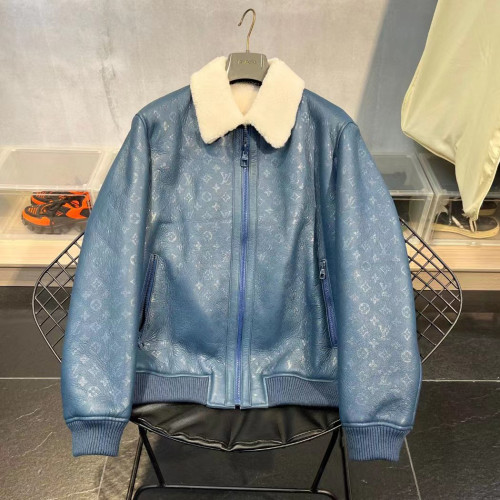 NIGO Louis Vuitton Men's Winter Wool Lining Blue Dark Logo Print Leather Zip Jacket #nigo97752