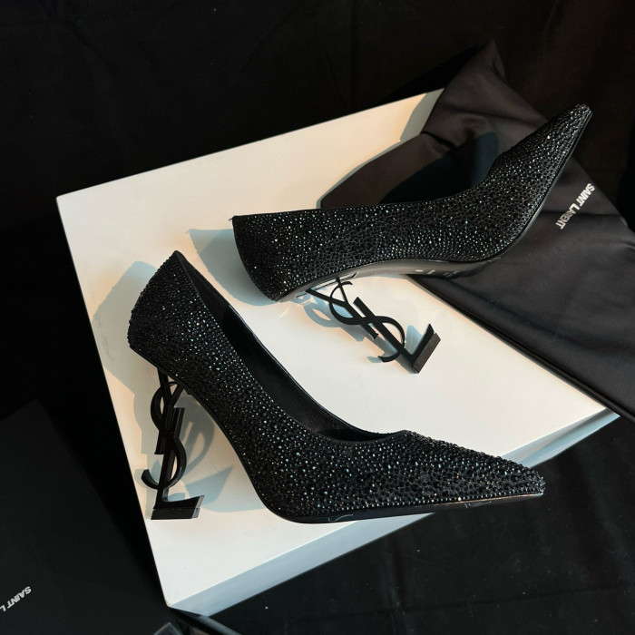 NIGO SAINT LAURENT Women's Summer Rhinestone Leather Letter Logo Shoes Heeled High Heels Shoes #nigo97747
