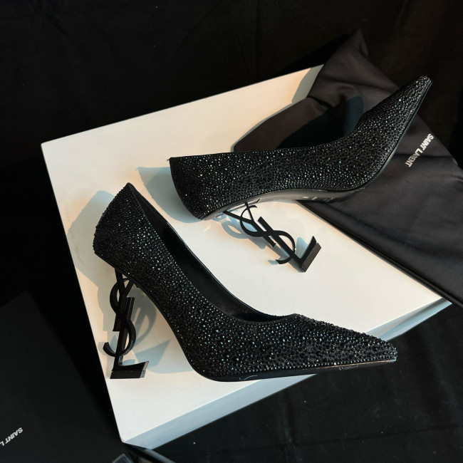 NIGO SAINT LAURENT Women's Summer Rhinestone Leather Letter Logo Shoes Heeled High Heels Shoes #nigo97747