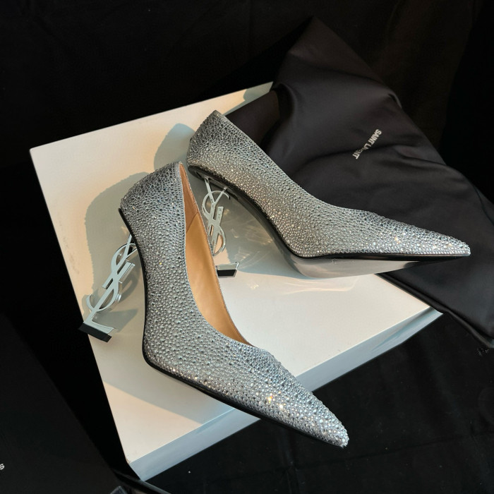NIGO SAINT LAURENT Women's Summer Rhinestone Leather Letter Logo Shoes Heeled High Heels Shoes #nigo97747