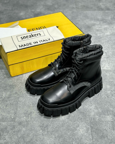 NIGO Fendi Men's Black Canvas Leather Patchwork Lace Up Ankle Boots High Top Shoes #nigo97782