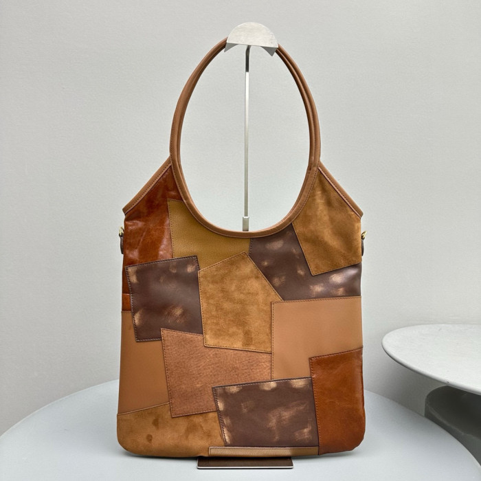 NIGO MiuMiu Women's Khaki Patch Pattern Suede Leather Patchwork Tote Bag #nigo97784