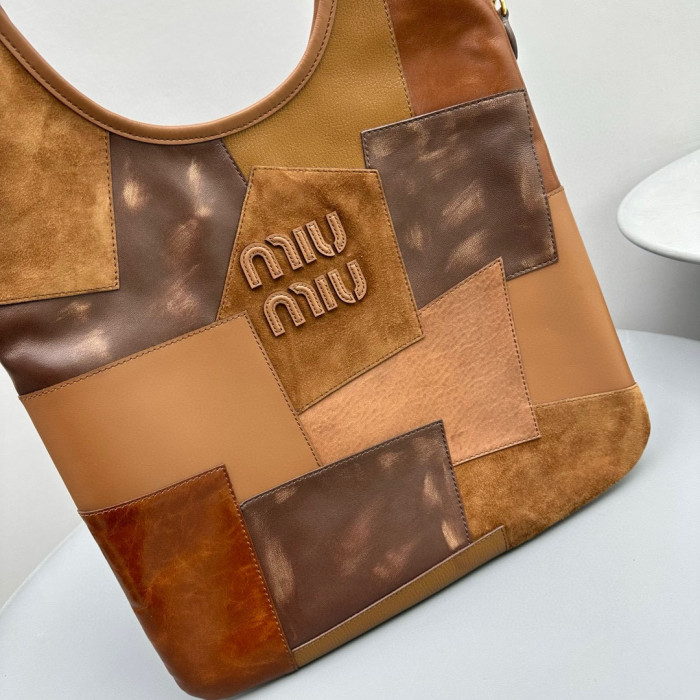 NIGO MiuMiu Women's Khaki Patch Pattern Suede Leather Patchwork Tote Bag #nigo97784