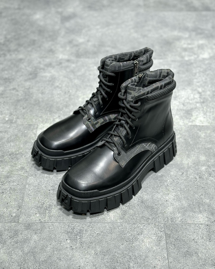 NIGO Fendi Men's Black Canvas Leather Patchwork Lace Up Ankle Boots High Top Shoes #nigo97782