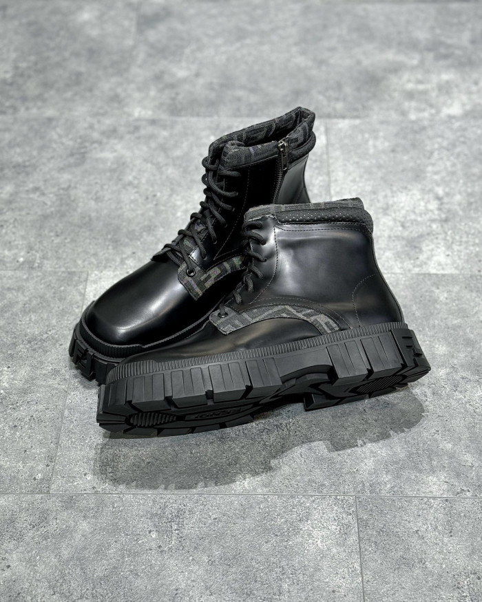 NIGO Fendi Men's Black Canvas Leather Patchwork Lace Up Ankle Boots High Top Shoes #nigo97782