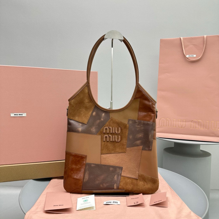 NIGO MiuMiu Women's Khaki Patch Pattern Suede Leather Patchwork Tote Bag #nigo97784