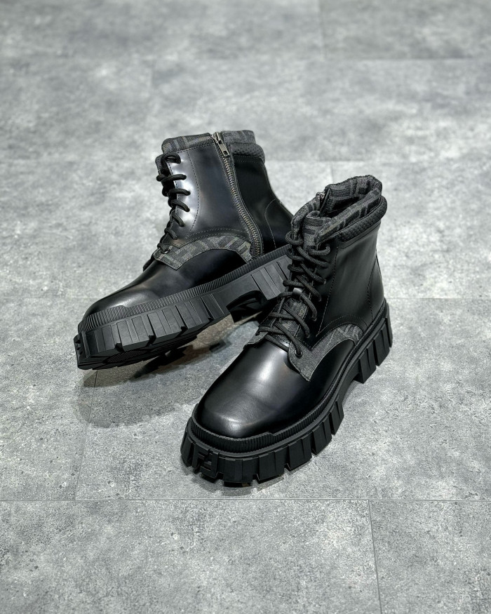 NIGO Fendi Men's Black Canvas Leather Patchwork Lace Up Ankle Boots High Top Shoes #nigo97782