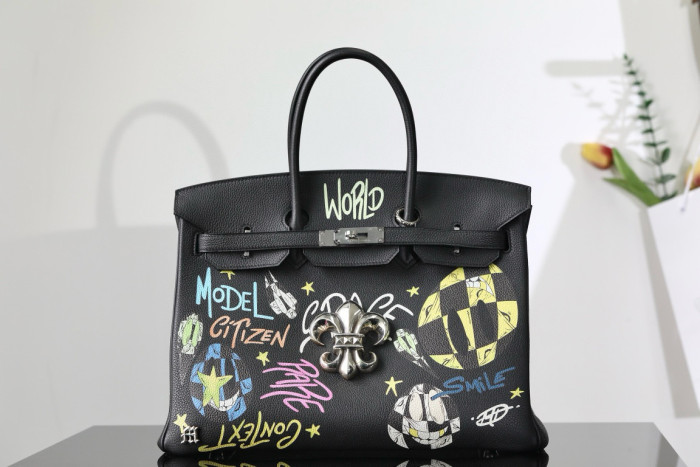 NIGO Chrome Hearts X Hermes X Graffiti Ladies Graffiti Pattern Metal Buckle Leather Tote Bag #nigo97796