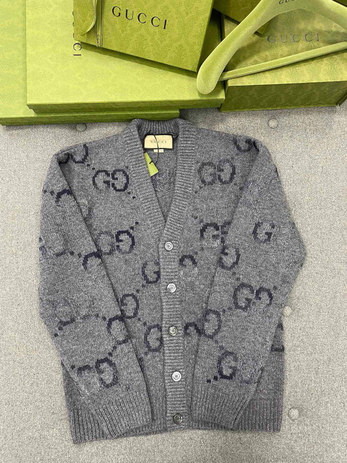 NIGO Gucci Men's Spring and Autumn Grey Pattern Appliquéd Single Breasted V-neck long Sleeved Knit Wool Cardigan With GG Intarsia #nigo97794