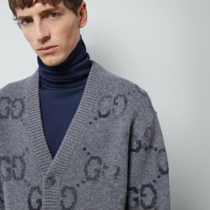 NIGO Gucci Men's Spring and Autumn Grey Pattern Appliquéd Single Breasted V-neck long Sleeved Knit Wool Cardigan With GG Intarsia #nigo97794