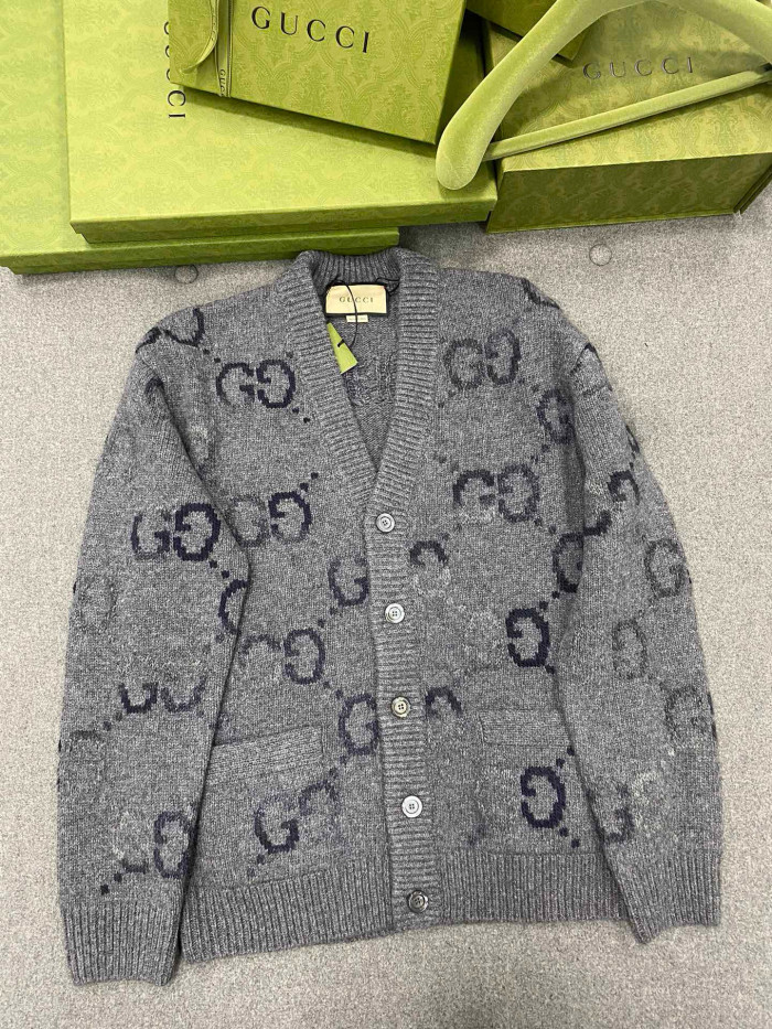NIGO Gucci Men's Spring and Autumn Grey Pattern Appliquéd Single Breasted V-neck long Sleeved Knit Wool Cardigan With GG Intarsia #nigo97794